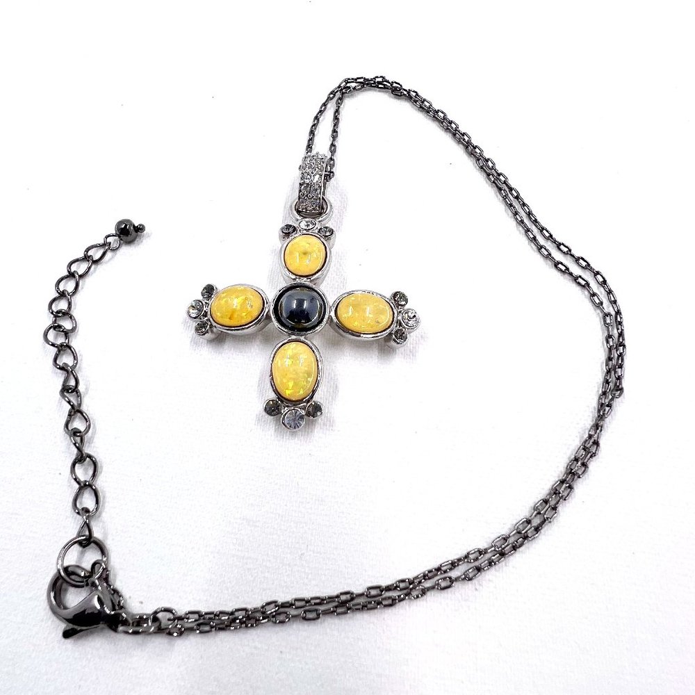 Up-Cycled - Yellow Jeweled Cross Pendant Gun Metal Tone 16” Necklace